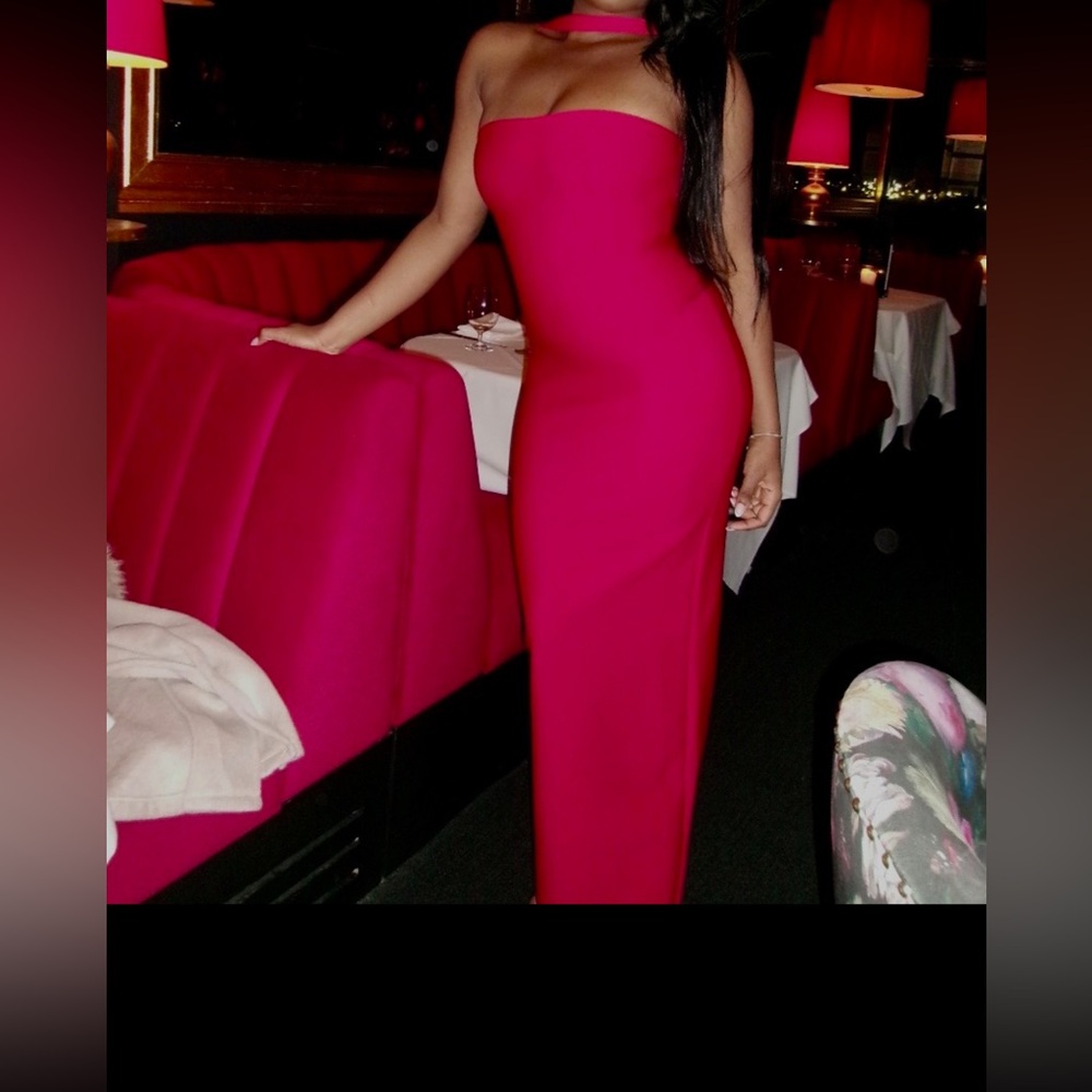 Studio Nova Strapless Fuchsia Column Gown with Neckband